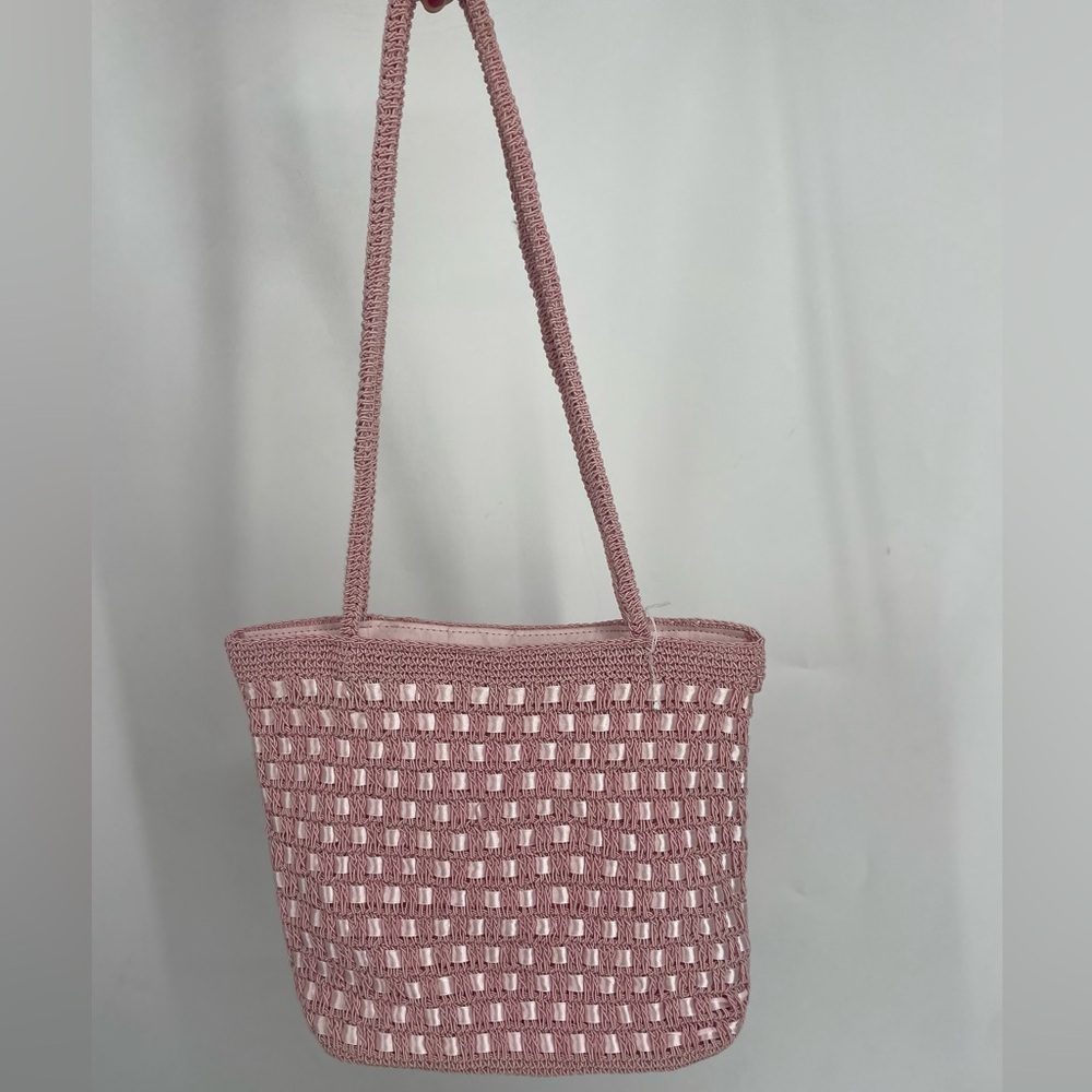 Vintage Y2K Pink Ribbon Crochet Shoulder Bag Purse Coquette Feminine Girly